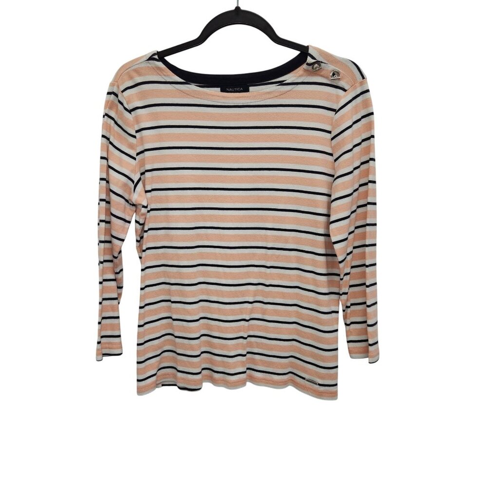 Nautica Womens L Striped 100% Cotton Long Sleeve Top Button Detail 4178